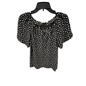 Loft Womens Black White Geometric Ikat Print Puff Sleeve Blouse Top Medium
